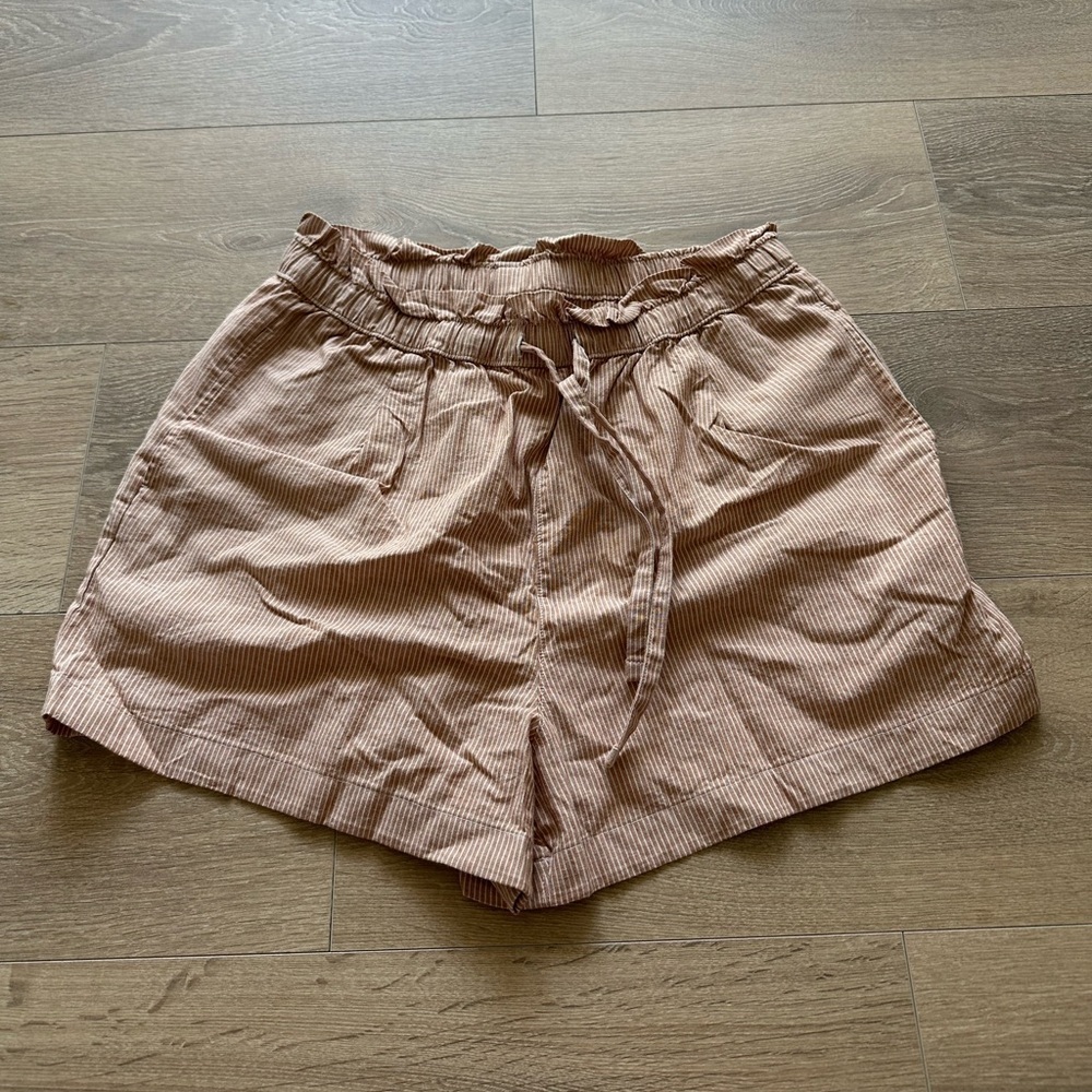 UNIQLO WOMENS PAPER BAG TIE WAIST COTTON LINEN BLEND STRIPE SHORTS LT ORANGE M - Picture 3 of 5